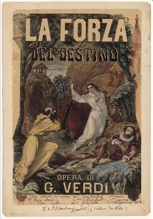 Ein Plakat für die Oper "La Forza del Destino" von G. Verdi mit einem Gemälde mehrerer Personen und Text.