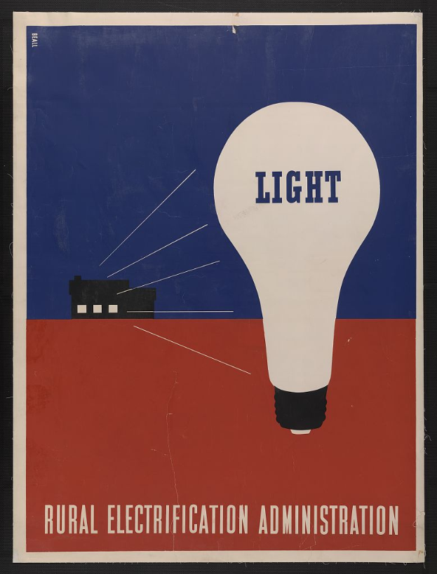 Ein Plakat mit einer Glühbirne in der Mitte und der Schrift "Ländliche Elektrizitätsverwaltung" in fetter, schwarzer Schrift auf einem hellgelben Hintergrund.