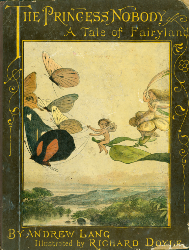Der Einband von 'The Princess Nobody: A Tale of Fairyland' von Andrew Lang mit einem jungen Mädchen mit langen Haaren, das ein weißes Kleid und eine Krone trägt und in einer grünen Wiese mit Schmetterlingen steht.
