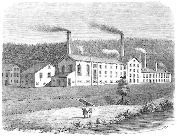 Eine Schwarz-Weiß-Radierung des New York State Penitentiaries, ein fabrikähnliches Gebäude mit Rauch aus seinen Schornsteinen, umgeben von Bäumen, Pflanzen und Menschen.