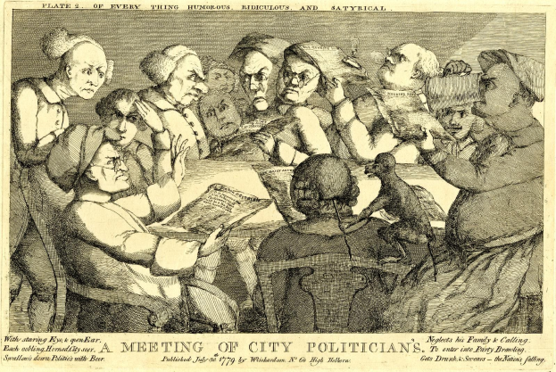 Eine Gruppe von Menschen sitzt um einen Tisch, einer hält ein Buch in der Hand, einige sind in ein Gespräch vertieft und andere schauen auf das Buch; die Bildunterschrift lautet "Eine Sitzung städtischer Politiker."