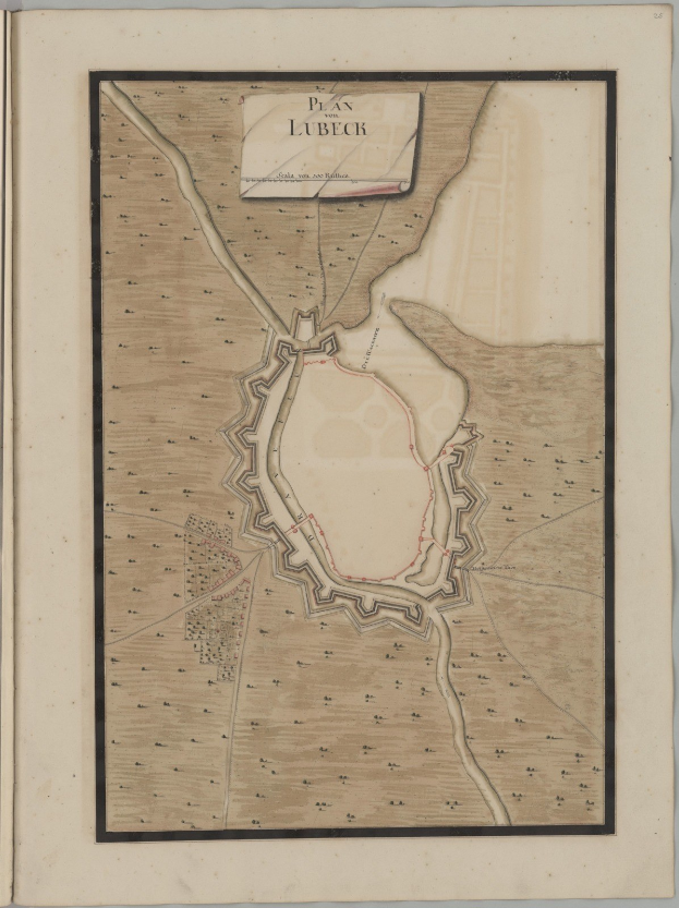 Ein altes Buch mit einer detaillierten Karte von Lübeck, das Straßen, Gebäude und Sehenswürdigkeiten zeigt, sowie begleitenden Text über die Bevölkerung, Geschichte und Kultur der Stadt.