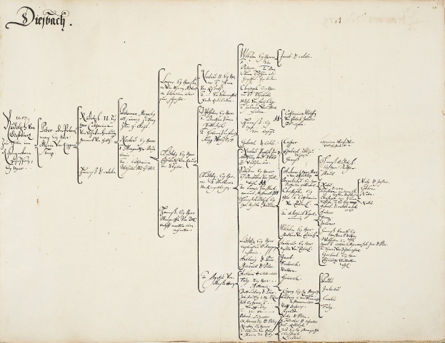 Ein aufgeschlagenes Buch mit einer handschriftlichen Ahnenforschung einer deutschen Familie, gefüllt mit Texten über Familienmitglieder und ihre Abstammung.