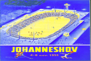 Plakat aus dem Jahr 1955, das ein Hockey-Spiel in Johannesburg, Südafrika, bewirbt und ein volles Stadion mit Bäumen und Lichtern sowie Text und Zahlen zeigt.