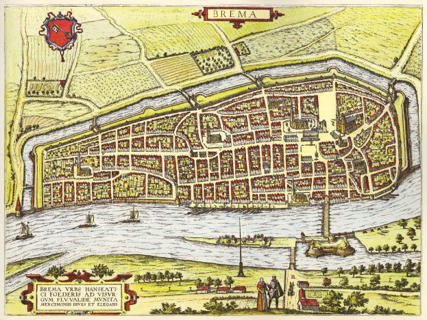 Ein detailliertes Stadtplan-Poster von Bremen, Deutschland, das Straßen, Gebäude, Sehenswürdigkeiten und Textinformationen zeigt.