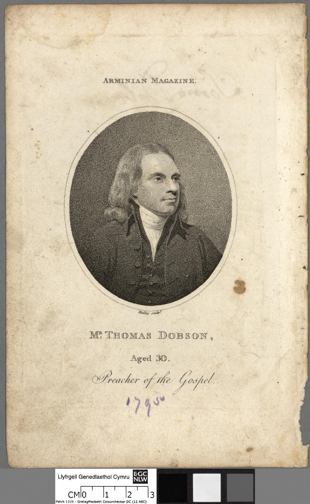 Porträt von Herrn Thomas Dobson, einem Prediger, mit ernstem Gesichtsausdruck, dunklem Haar und markantem Kinn, der ein weißes Hemd und eine schwarze Weste trägt und die Hände vor der Brust verschränkt.