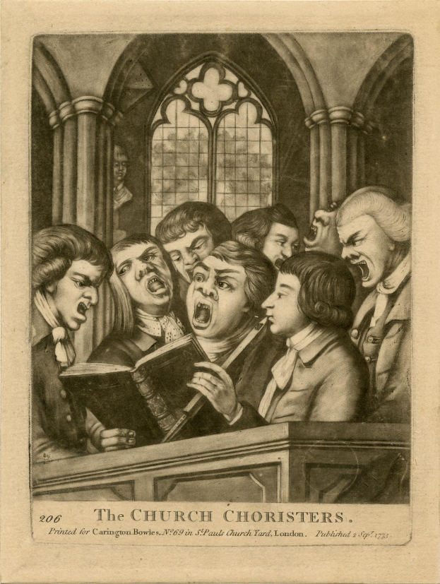 Eine Gruppe von Menschen, die in einer Kirche singen, einer hält ein Buch, mit Säulen und einem Fenster im Hintergrund und Text unten lesbar "Die Kirchenchoristen".