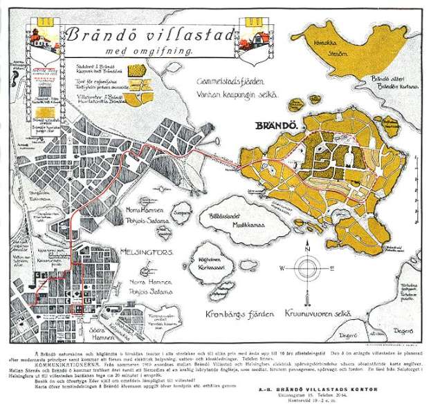 Ein detaillierter, farbenfroher Stadtplan von Brando, Schweden, mit beschrifteten Sehenswürdigkeiten, Straßen und informativem Text.