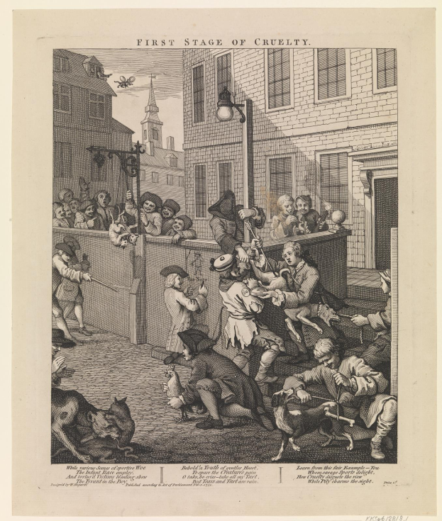 Eine Gruppe von Menschen und Tieren versammelt sich um ein Gebäude mit Fenstern und einem Lichtmast, mit einem Himmel im Hintergrund und dem Text "Erste Stufe der Grausamkeit" unten.