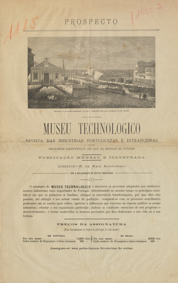 Altes Buchcover mit einer vergilbten Seite und einer Beschreibung in Schreibschrift eines Museumsgebäudes mit einem großen Eingang und mehreren Fenstern.