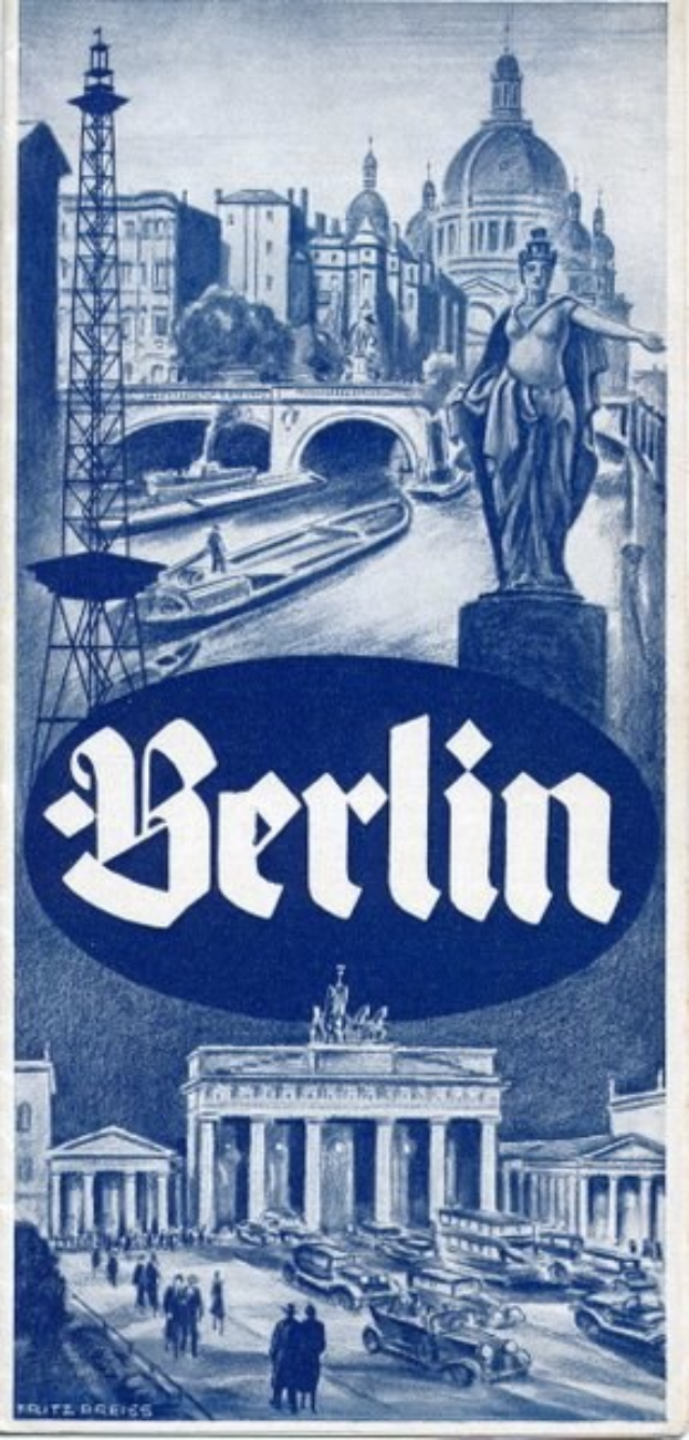 Plakat, das Berlin, Deutschland, zeigt, mit einer Statue, historischen Gebäuden, einem Turm, Menschen, Fahrzeugen auf einer Straße und einer Brücke, mit Text, der Stadtinformationen bereitstellt.