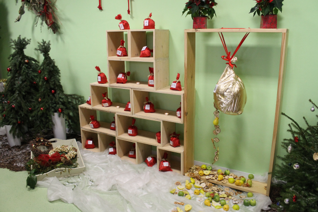Ein mit Weihnachtsdekorationen gefüllter Raum, darunter ein Weihnachtsbaum, Blumentopf, Kiste, Abdeckung, Früchte, ein hölzernes Gestell mit Gegenständen, Topfpflanzen, Wanddekorationen und eine Gruppe von Weihnachtsbäumen.