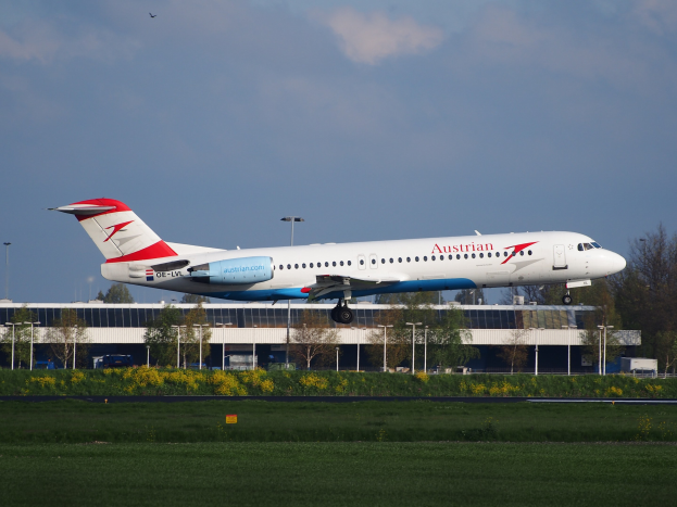 Austrian Airlines Airbus A320-200 beim Start vom Frankfurt Airport mit grünem Gras, Blütenpflanzen, Bäumen, Laternenmästen und einem Gebäude im Hintergrund bei bewölktem Himmel.