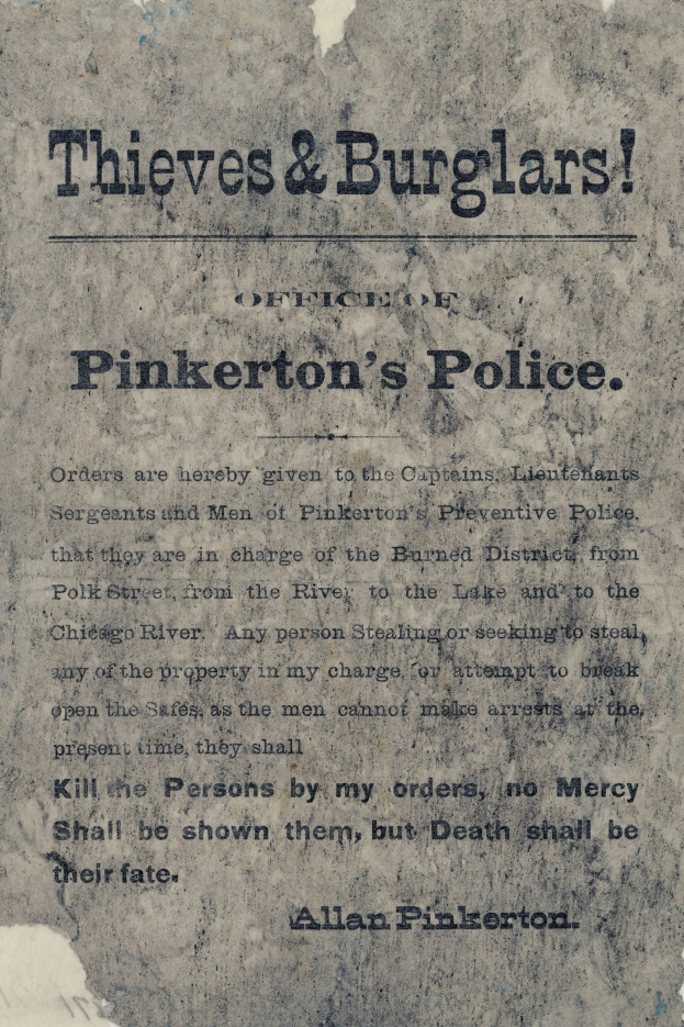Ein Plakat mit fetter schwarzer Schrift, die 'Diebe & Einbrecher Pinkerton's Police' lautet, auf einem weißen Hintergrund, umrandet von einem schmalen schwarzen Rand.