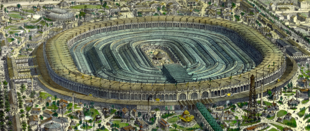 Luftbild eines großen Stadions in einer städtischen Umgebung, umgeben von Gebäuden, Bäumen und Gras.