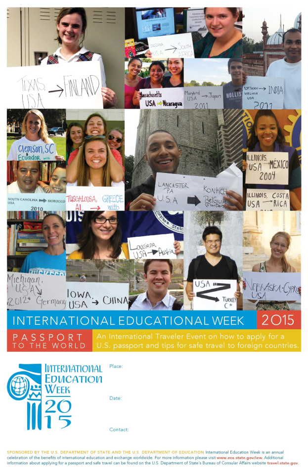 Plakat für die Internationale Bildungswoche 2015 mit einer Gruppe von lächelnden Menschen, die Schilder mit veranstaltungsbezogenem Text halten.