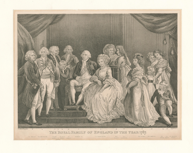 Eine Gruppenporträt der englischen Königsfamilie im Jahr 1787, das auf einer Treppe steht und sitzt mit Vorhängen im Hintergrund, begleitet von Text unten.