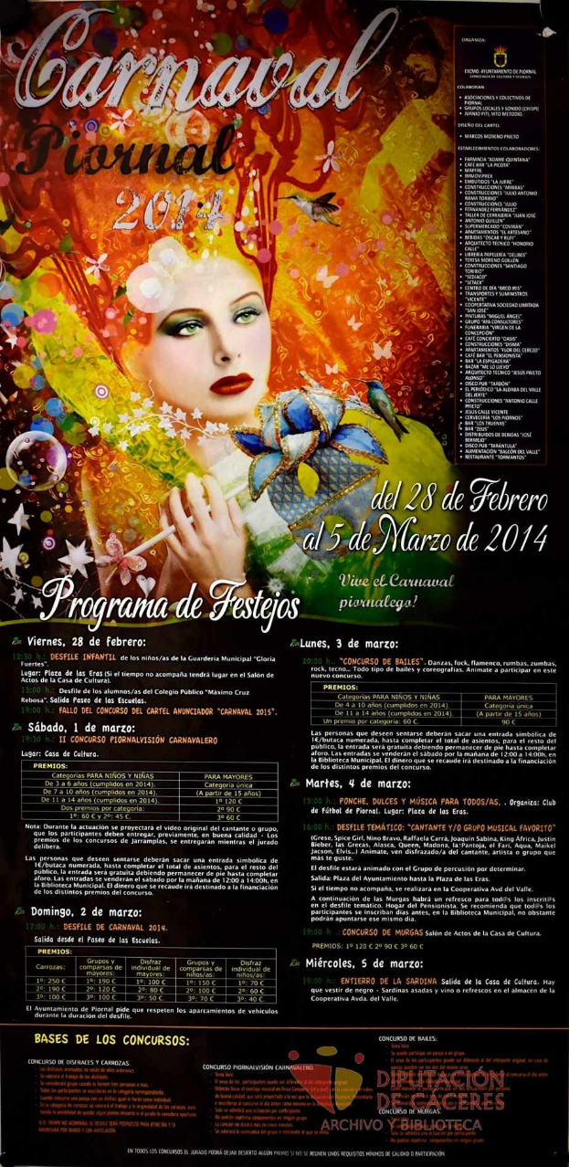 Plakat für das Karnevals Festival 2014 mit einer lachenden Frau in einem bunten Kleid auf einem leuchtend gelben Hintergrund, umgeben von schwarzem Text.