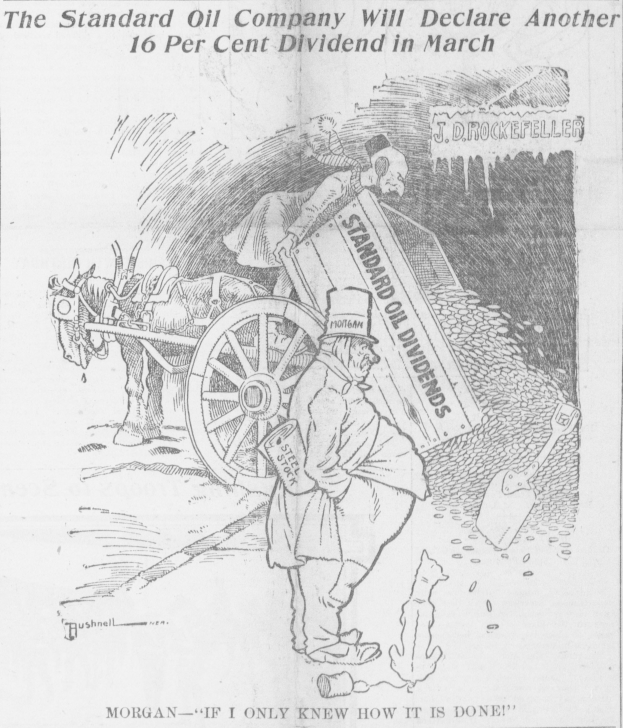 Eine Karikatur eines Mannes neben einem von einem Pferd gezogenen Wagen mit einem Rad in der Mitte, mit der Aufschrift "Die Standard Oil Company wird im März eine weitere 16-prozentige Dividende ausschütten."