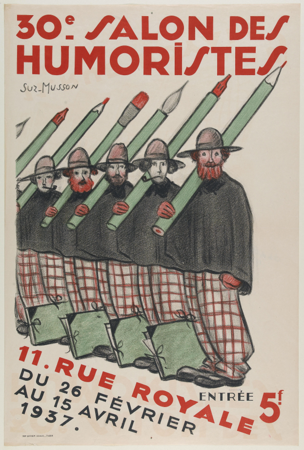 Ein Vintage-Plakat, das eine Salon des humoristes in Paris ankündigt, zeigt eine Gruppe von Menschen mit Büchern, Bleistiften und anderen Gegenständen in gedämpften Farben und klassischer Schriftart.