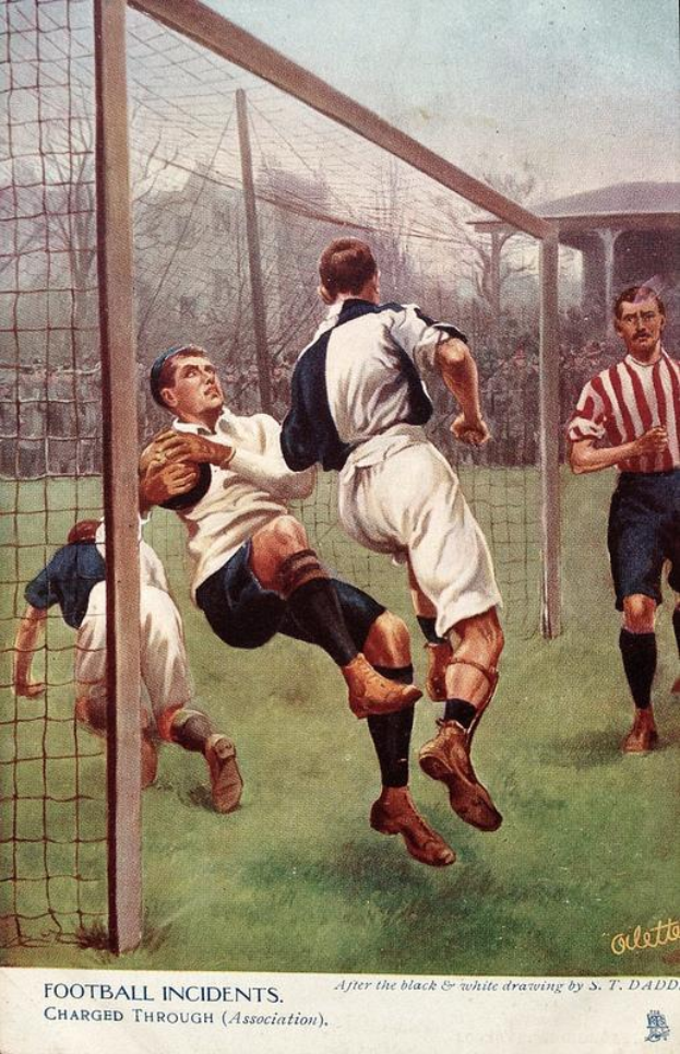 Ein Gemälde von Männern, die auf einem Feld mit einem Netz, Bäumen, einem Gebäude in der Ferne und einem klaren blauen Himmel Fußball spielen, mit dem Text "Football Incidents Charged Through Association" unten.