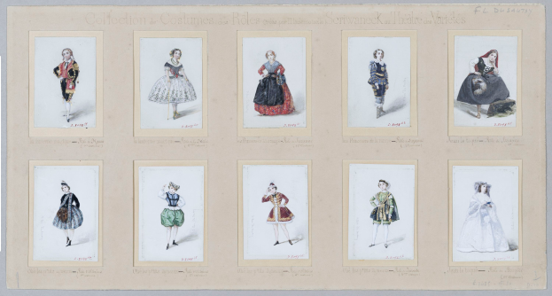 Eine Sammlung von buntfarbenen Frauenkostümen, einschließlich Kleider, mit detaillierten Designs und Mustern, die neben fettem Text auf Papier angezeigt werden.