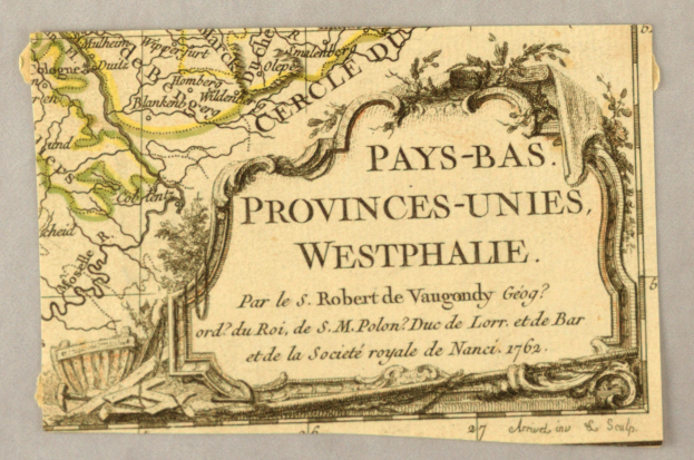 Ein altes Kartenblatt von Westfalen auf einem Stück Papier, das geografische Merkmale wie Flüsse, Berge und Städte detailliert und mit begleitendem Text zusätzliche Informationen über die Region und ihre Bewohner liefert.