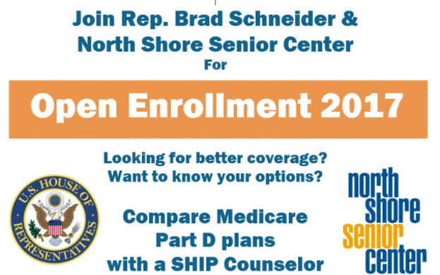 Plakat mit Text, der Menschen zur Teilnahme an der Open Enrollment 2017 von Rep. Brad Schneider und North Shore Senior Center einlädt, mit Logo.