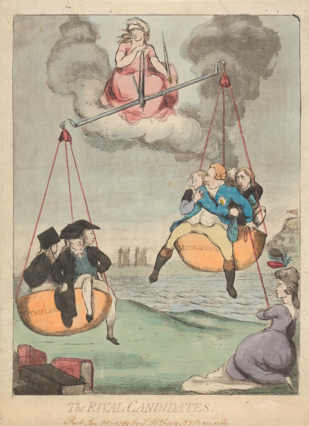 Eine Papierzeichnung von zwei Menschen auf einer Schaukel mit einem auf dem Boden Stehenden, vor einem Hintergrund aus Wolken und Rauch, mit dem Text "Die Rivalen" unten.