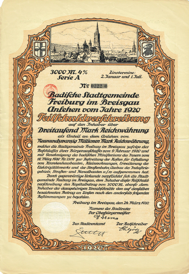 Ein altes deutsches Aktienzertifikat mit einer Stadtansicht und Textangaben zum Ursprung der Aktie.